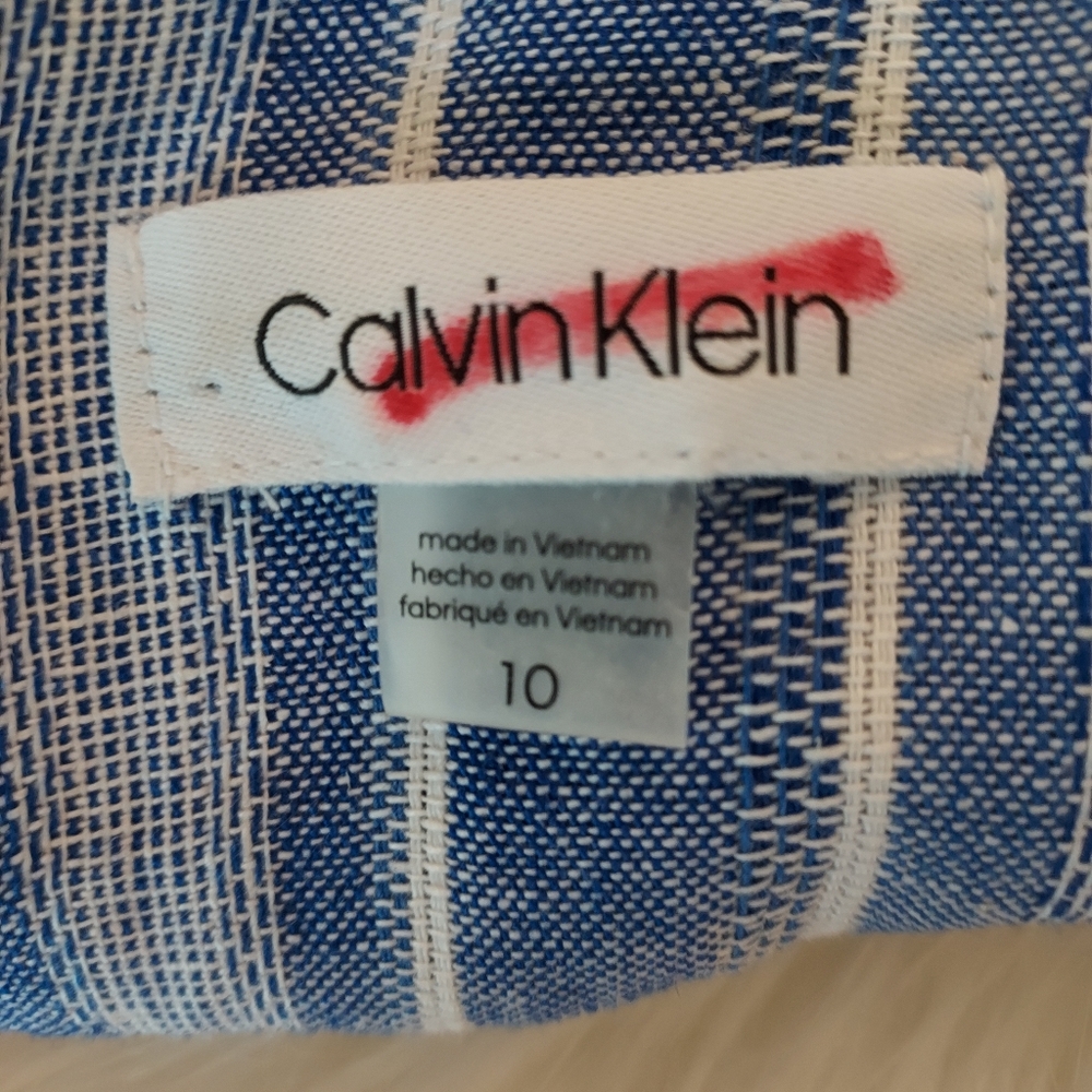 Calvin Klein Striped Linen & Rayon Jumpsuit in a Denim Blue & White. - Picture 5 of 16